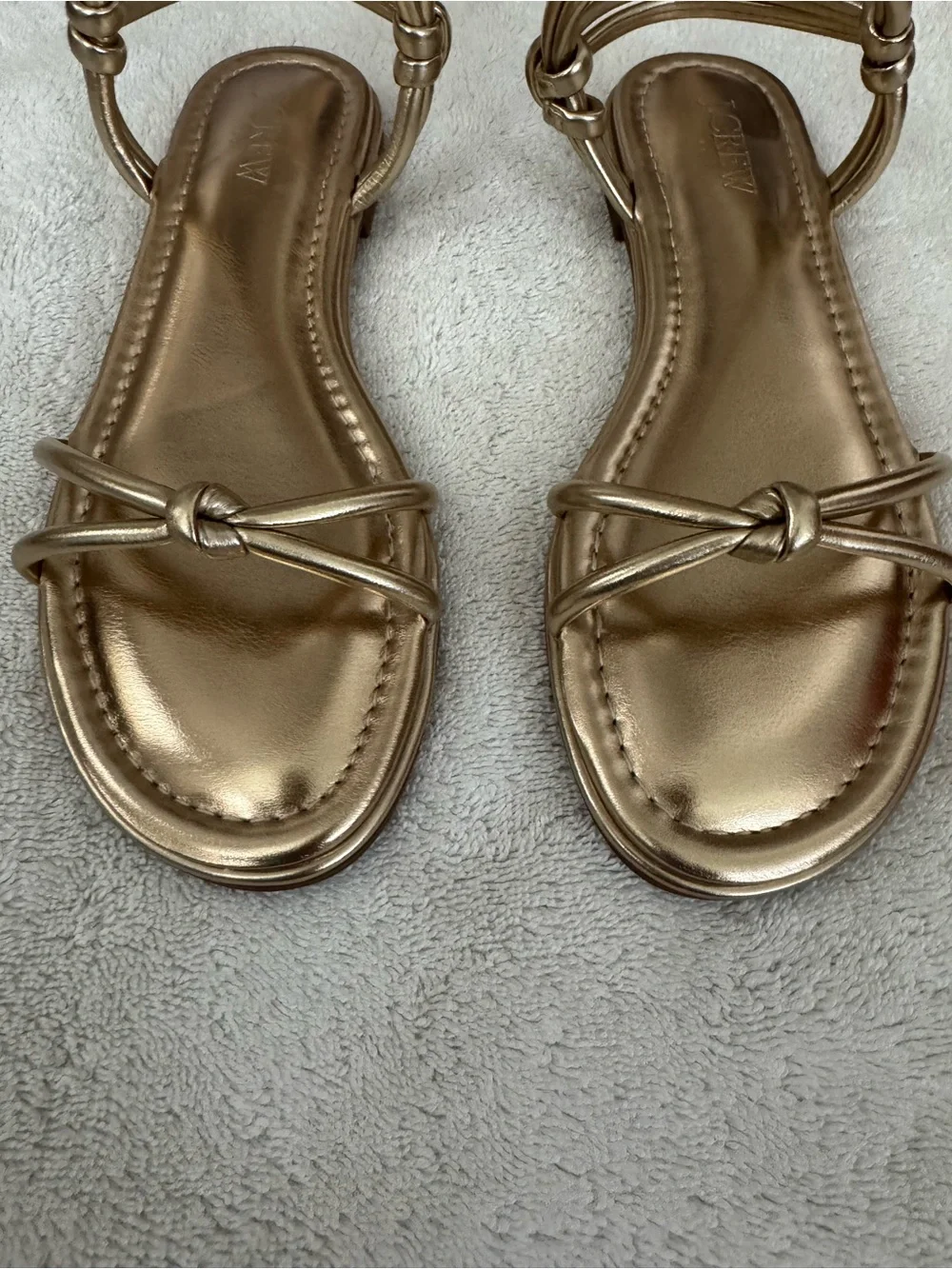JCrew Metallic Gold Knotted Ankle Strappy Flat Sandals Women's 7.5 never worn